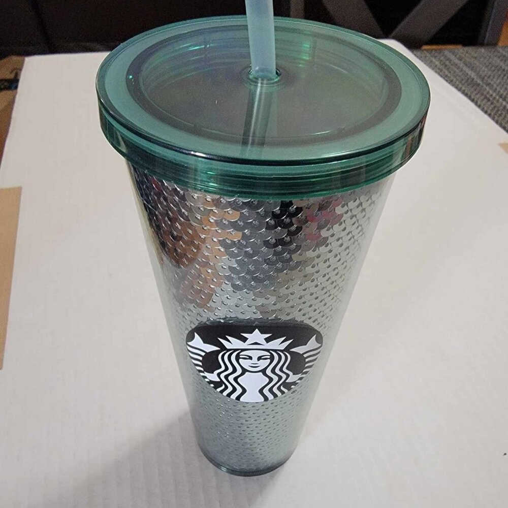 New Starbucks Green Sequin Venti Tumbler Cup 24 Oz. Rare 2017